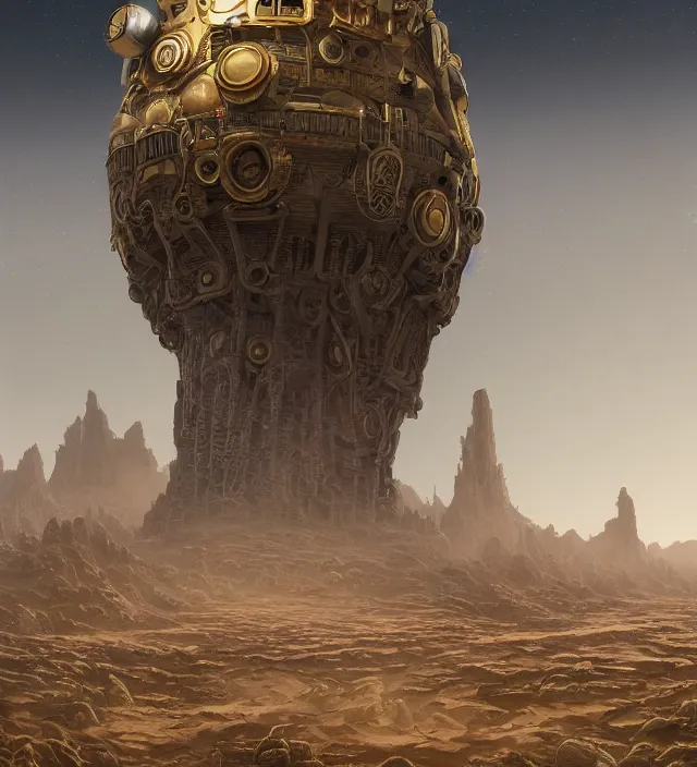 Prompt: an anthropomorphic beautiful ultradetailed giant spaceship park in a desert, gold, mist, fog, dungeon temple gate, fine art, award winning, intricate, elegant, sharp focus, octane render, hyperrealistic, cinematic lighting, highly detailed, digital painting, 8 k concept art, art by jamie hewlett and chris foss, masterpiece, trending on artstation, 8 k