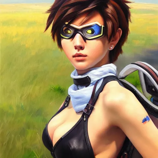 Prompt: oil painting of tracer overwatch in a field wearing large leather belt choker collar around neck, in style of mark arian, expressive face, detailed face, detailed eyes, full body, feminine face, tracer overwatch,