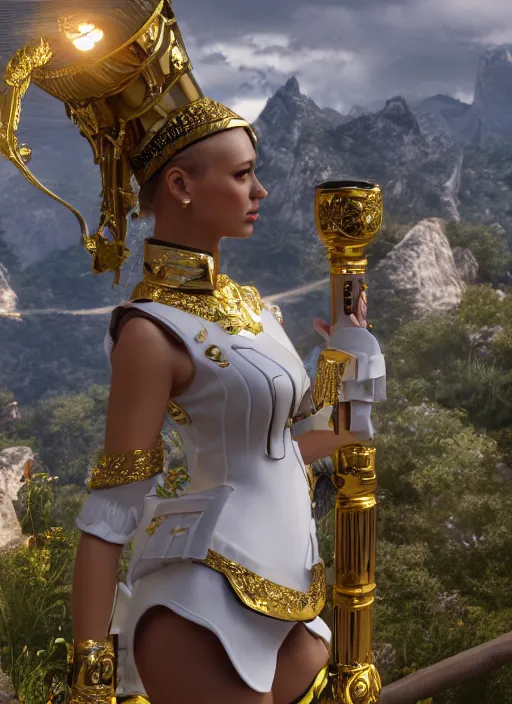 Prompt: a photo of 8 k ultra realistic humanoid princess standing next to a beautiful view, ornate white and gold officers outfit, cinematic lighting, trending on artstation, 4 k, hyperrealistic, focused, extreme details, unreal engine 5, cinematic, masterpiece