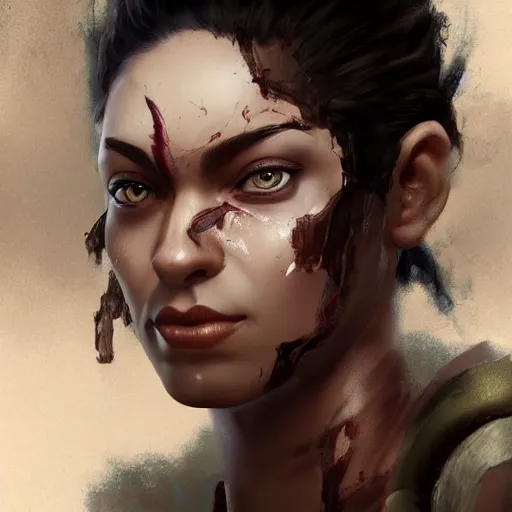 Prompt: beautiful, very strong, mixed race, female, middle aged, face, no makeup, scarred, head shot, fantasy, highly detailed, digital painting, artstation, concept art, smooth, sharp focus, illustration, art by jodie muir and brom