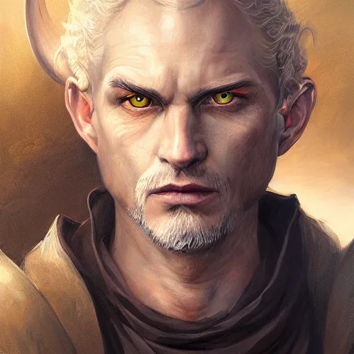 Image similar to a detailed matte head - on portrait painting of an middle - aged half - tiefling nobleman with golden eyes and short well kept hair, by charlie bowater, lise deharme, wlop, tending on arstation, dungeons and dragon, dnd, pathfinder, fanart, oil on canvas