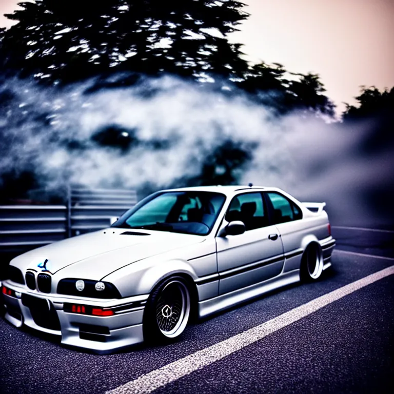 Prompt: close-up-photo BMW E36 illegal JDM meet, Saitama prefecture, misty night, cinematic color, photorealistic, highly detailed,