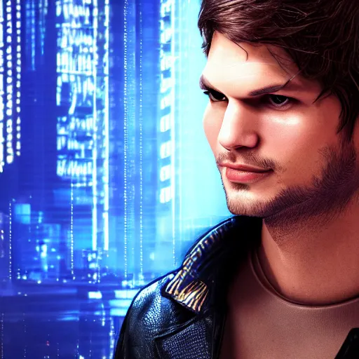 Image similar to ashton kutcher portrait, cyberpunk 2 0 7 7, cyberpunk, photorealistic, ultra detailed, neon, octane, bokeh, cinematic lighting, cyber, cyberpunk city, studio quality, feature, scars, cyberface, 8 k