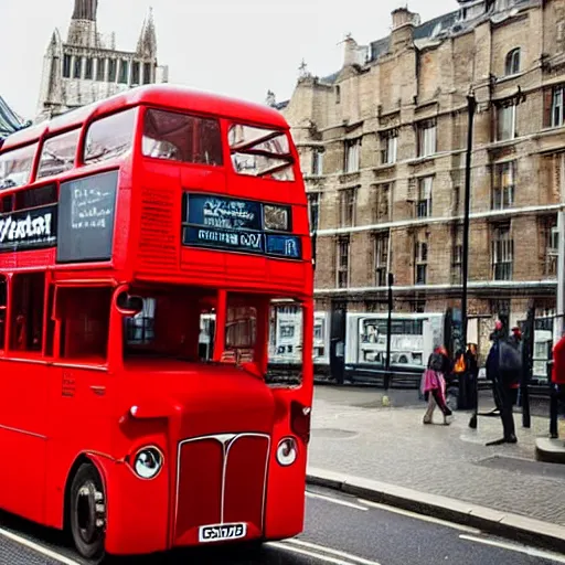 Prompt: a giant statue of a red plunger with a wooden shaft in the center of london. a london bus in the background.