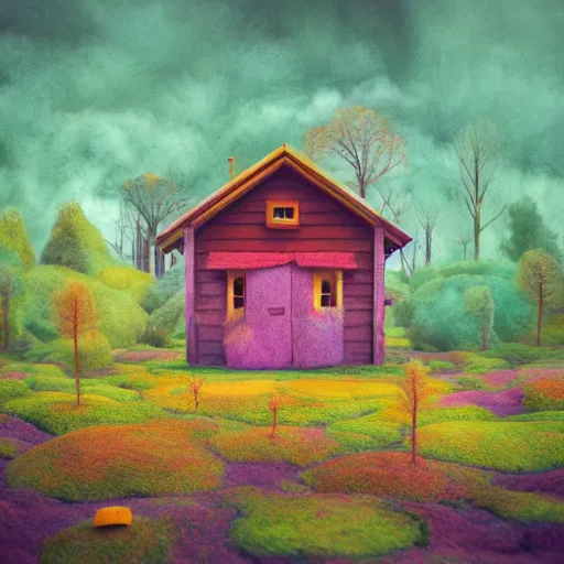 Image similar to small wooden house in the middle of spring forest, bright colours, watercolor, volumetric wool felting, macro photography, children illustration, by mike winkelmann