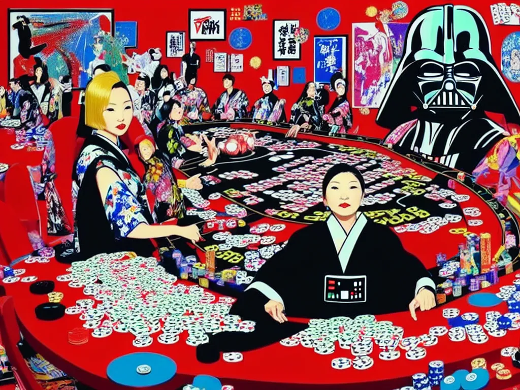 Image similar to hyper - realistic composition of a large room with an extremely detailed poker table in the center, woman in traditional japanese kimono standing nearby, darth vader sitting at the table, fireworks in the background, pop art style, jackie tsai style, andy warhol style, acrylic on canvas, dull palette