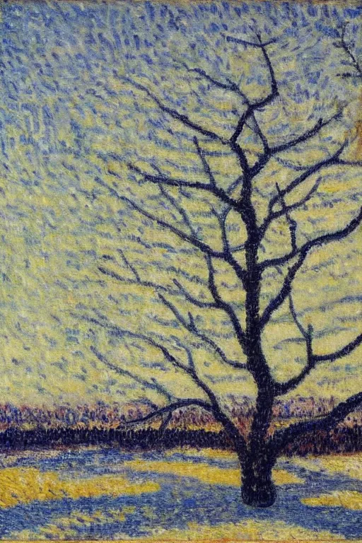 Image similar to still life oil painting of a huge tree on a barren winter landscape soft edges, medium saturation, high contrast, gustave loiseau