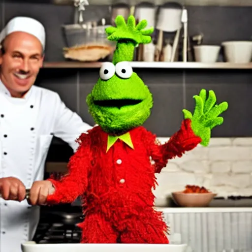 Image similar to italian chef cooking a muppet in a pot