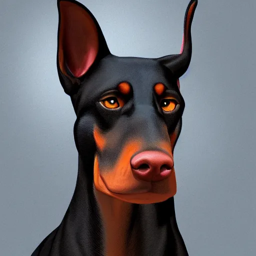 Image similar to portrait of an antropomorphic doberman creature, black hair, human body, angry look, ready for battle, masterpiece, mattepainting concept blizzard pixar maya engine on cold night stylized background splash comics global illumination lighting artstation by samwise didier