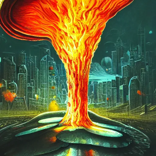 Prompt: An atmospheric detailed Gouache painting of a massive Glowing Mushroom Demon splashing through puddles of oil, background of a futuristic cityscape by William Blake and Escher, trending on artstation, shallow focus, vivid color scheme, diffuse lighting, 8k, vray, atmospheric lighting
