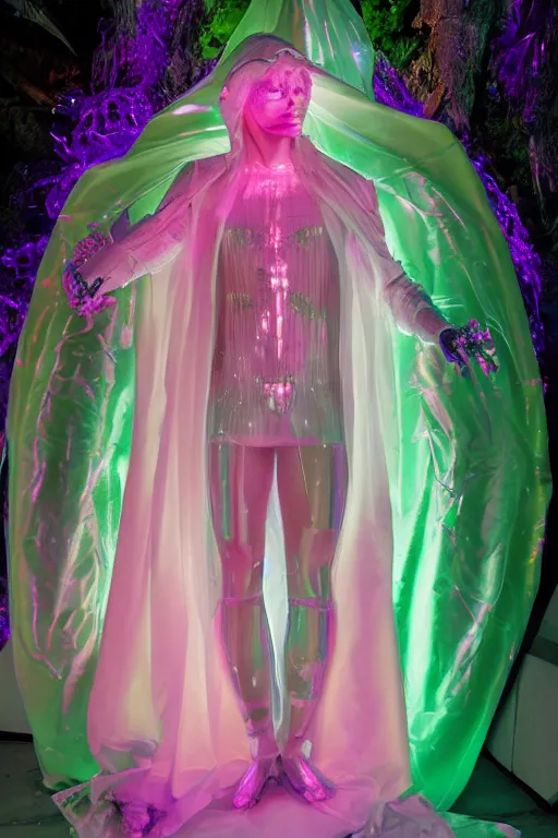 Image similar to full-body rococo and cyberpunk delicate crystalline sculpture of a muscular iridescent slender Spanish male as a humanoid deity wearing a thin see-through ((plastic hooded cloak)) sim roupa, reclining con las piernas abiertas, glowing pink face, crown of white lasers, large diamonds, swirling black silk fabric. futuristic elements. oozing glowing liquid, full-length view. space robots. human skulls. throne made of bones, intricate artwork by caravaggio. Trending on artstation, octane render, cinematic lighting from the right, hyper realism, octane render, 8k, depth of field, 3D