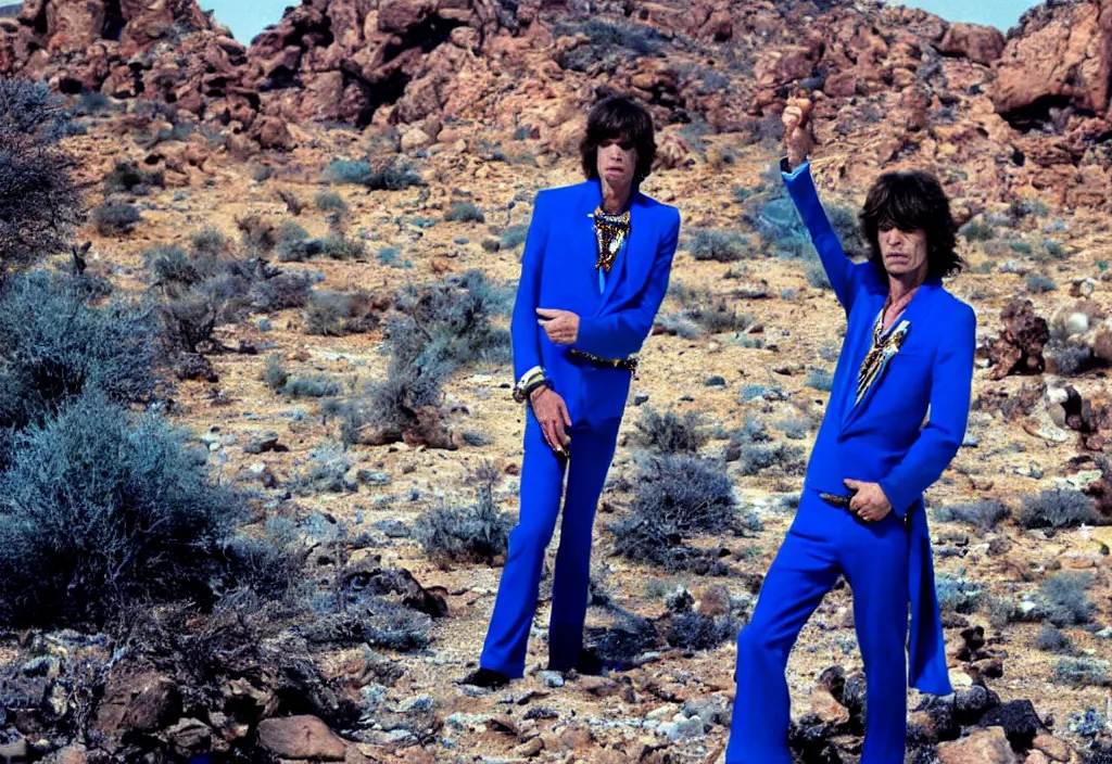 Prompt: mick jagger dressed in blue costume with many jewels in a dry rocky desert landscape, ultradetailed alien complex city and giant alien spaceship in the background, by christopher doyle and alejandro jodorowsky, anamorphic lens, kodakchrome, cinematic composition, masterpiece, 8 k