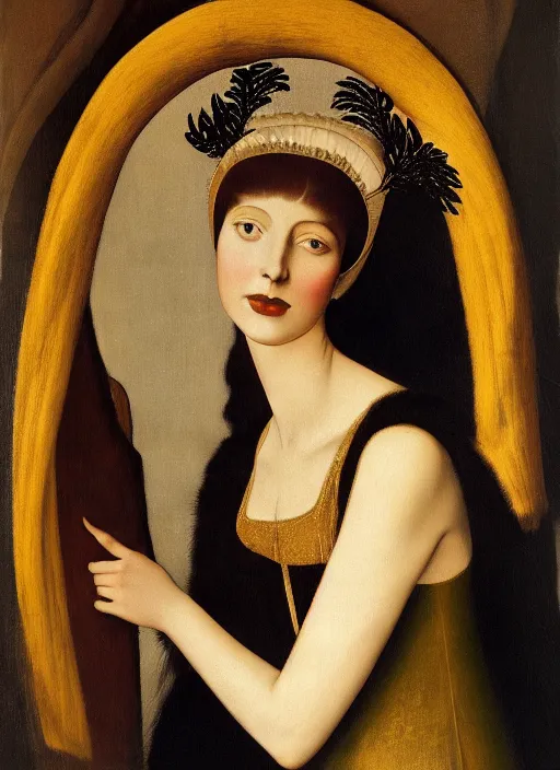 Image similar to portrait of young woman in renaissance dress and renaissance headdress, art by edward steichen