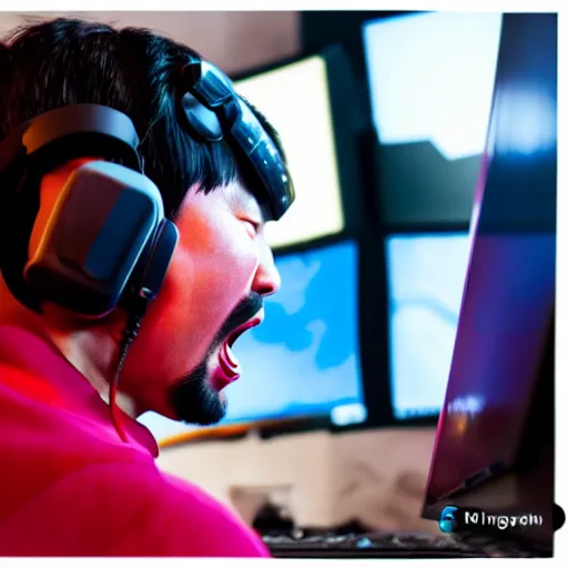 Prompt: Photo of Genghis Khan, wearing a headset, playing Overwatch, close-up, raging, screaming at screen high detail, studio, 85mm Sigma Art Lens