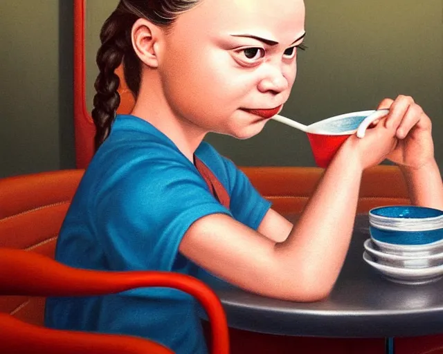 Image similar to closeup profile portrait of a greta thunberg drinking soda in a 1 9 5 0 s diner, nicoletta ceccoli, mark ryden, lostfish, max fleischer, hyper realistic, artstation, illustration, digital paint, matte paint, vivid colors, bright, cheerful, detailed and intricate environment