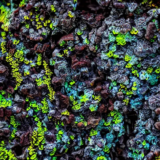 Prompt: closeup of bright lichens on a dark rock seen through a foggy condensed window, macro photography, DSLR, sony a7III, nature photography, shallow depth of field, 4K, cinematic lighting