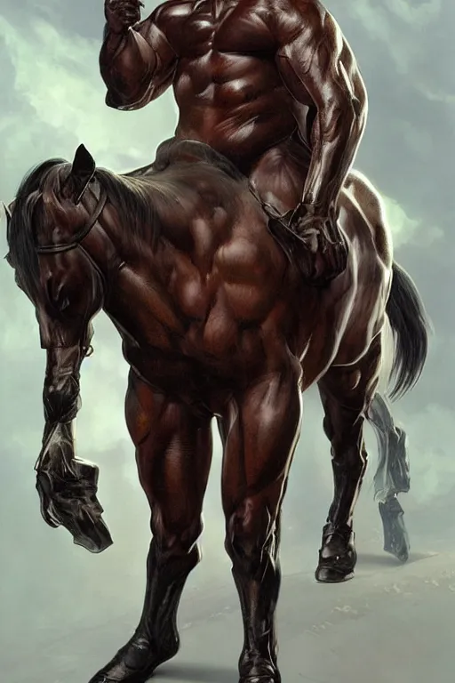 Image similar to portrait of hulking anthro horse whose physique is bursting with muscle, leather catsuit, test subject, monstrous, full body, sci - fi, highly detailed, digital painting, artstation, concept art, sharp focus, illustration, art by artgerm and greg rutkowski and alphonse mucha