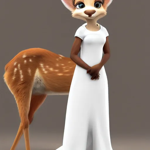 Prompt: portrait, 3 d render, anthropomorphic deer female, wearing long white dress, in the style of zootopia