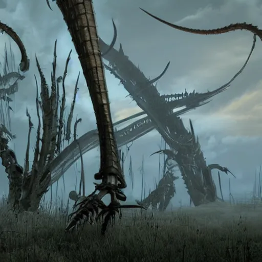 Prompt: distant shot of a 1 0 0 foot tall centipede, made of bones, trampling a burning forest, from skyrim, by makoto shinkai, hayao miyazaki, sakimichan h - w 1 0 2 4