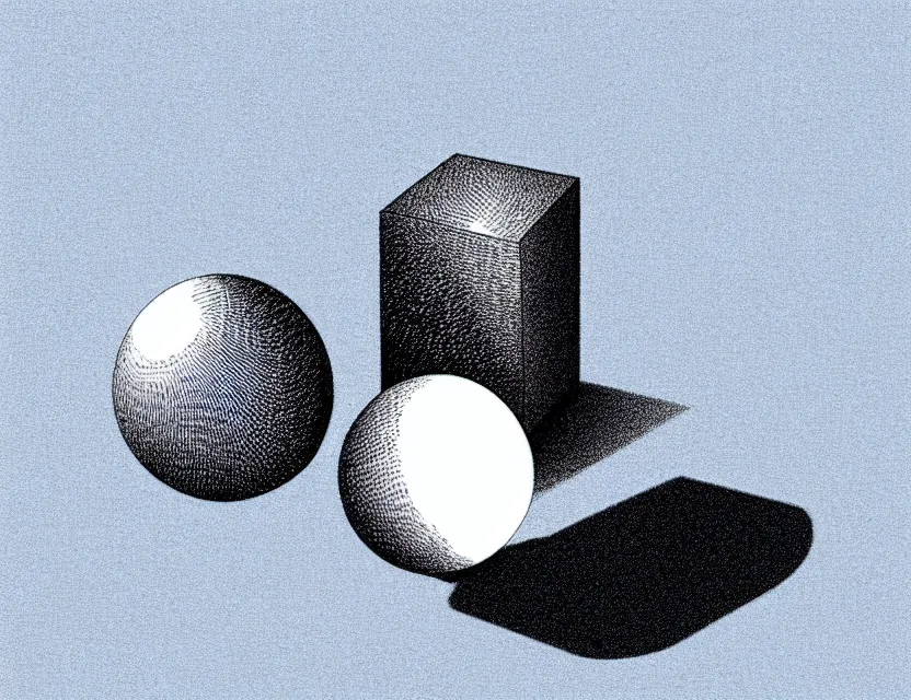 Image similar to still life of a cylinder, sphere, and cube on a table, stipple art, in shades of blue and white, minimalist, grainy, high - contrast, smoky, ink