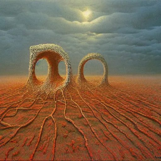 Image similar to A Landscape by Peter Gric and Zdzisław Beksiński