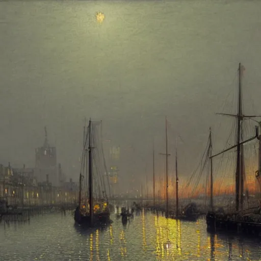 Prompt: a beautiful painting of the docks of london during the 18th century, a large clipper anchored at the wharf, foggy evening, warm streetlights, by john atkinson grimshaw