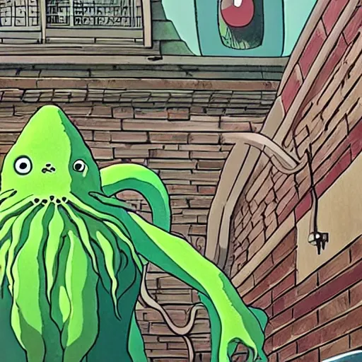 Image similar to screenshot from Miyazaki's my neighbor cthulhu, by ghibli animation