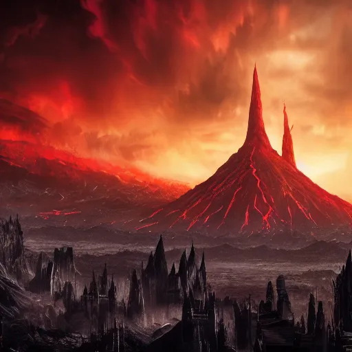 Image similar to mordor as a bustling city, extremely detailed, sharp focus, skyline, vast, gothic, lord of the rings, mount doom, 4 k, fantasy, concept art, gritty