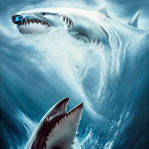 Image similar to a dream fantasy painting of a man bitten by a white shark, in the deep, by beksinki, antonio j. manzanedo, trending on artstation, deviantart, photorealism