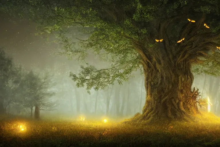 Image similar to masterpiece painting, a giant wooden owl scupted in an oak, fireflies cloud illuminating an old antic oak forest at night, spiral movement, peaceful scene, light fog, 8 k octane render, atmospheric effects, by jean hugo, motion blur, artstation, deviantart