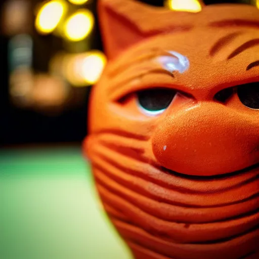 Prompt: a closeup photorealistic photograph of an orange cat garfield style tiki mug sitting on a trader vic's bar featuring garfield's face. tiki party. bright scene. fine detail. this 4 k hd image is trending on artstation, featured on behance, well - rendered, extra crisp, features intricate detail, epic composition and the style of unreal engine.