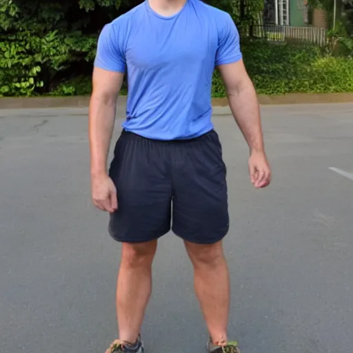 Image similar to full body photograph of 2 4 year old male, strong athletic build, 5 inch inseam shorts