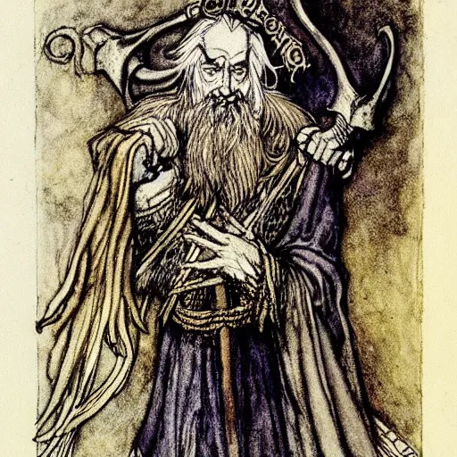 Prompt: Lord Auberon with ram horns and blond beard, color illustration by Arthur Rackham
