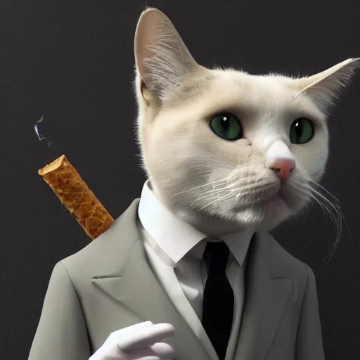 Image similar to a high quality photo of a cat wearing a suit and smoking, render, ultra realistic, cgsociety