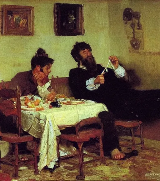 Prompt: high quality high detail painting by ilya repin, eating dinner off the floor, hd
