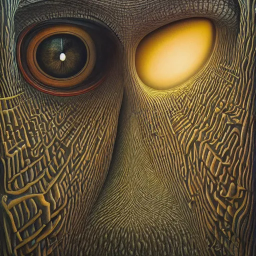 Prompt: her eyes wide by jacek yerka, alex gray, zdzisław beksiński, dariusz zawadzki, jeffrey smith and h.r. giger, oil on canvas, 8k highly professionally detailed, trending on artstation