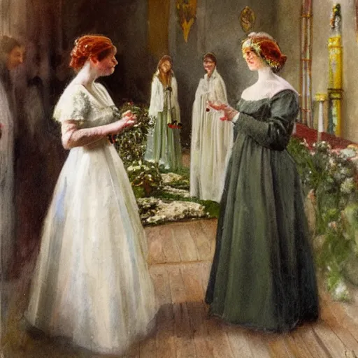 Prompt: two young edwardian women getting married to each other in a russian church, in the style of anders zorn