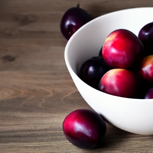 Image similar to photo of a thick porcelain bowl filled with few moist freshly picked plums on a wooden table. volumetric lighting. 4 k. small scale. realistic. top down.