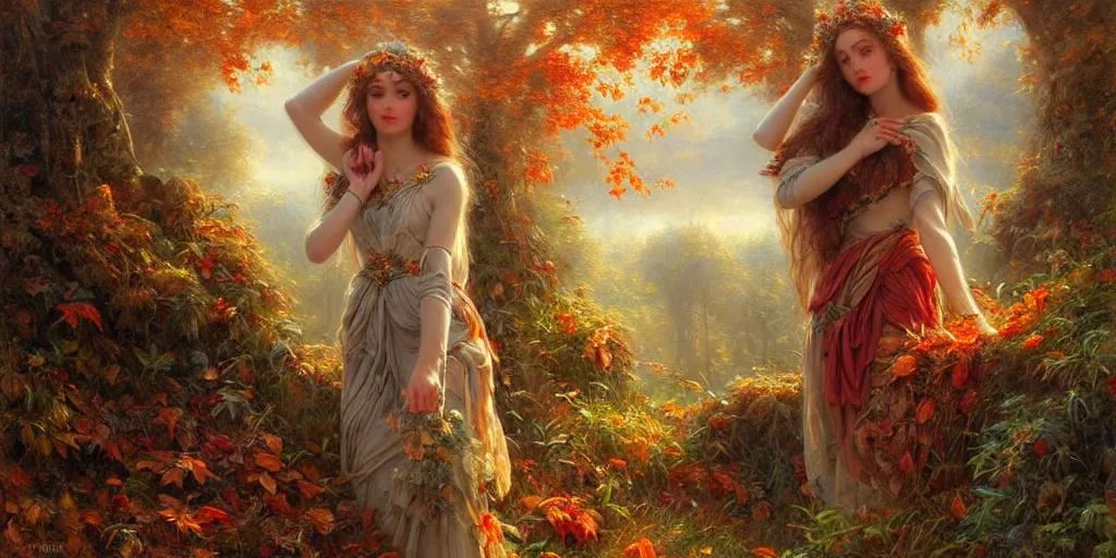 Prompt: breathtaking detailed concept art painting of goddesses of autumn by volegov, vintage illustration pattern with bizarre compositions blend of plants and stems and leaves by john howe, exquisite detail, extremely moody lighting, 8 k