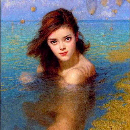 Prompt: Gaston Bussiere portrait of Tracer (Overwatch) swimming in the middle of a crystal clear lake