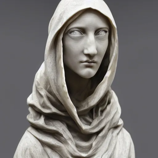 Prompt: a masterpiece marble sculpture of the hooded virgin, !cracks, !dramatic !face, !female, covered in intricate !detailed !!streaked veil , physically based rendering, ultra photo realistic, cinematic lighting , dark background by Dan Hillier