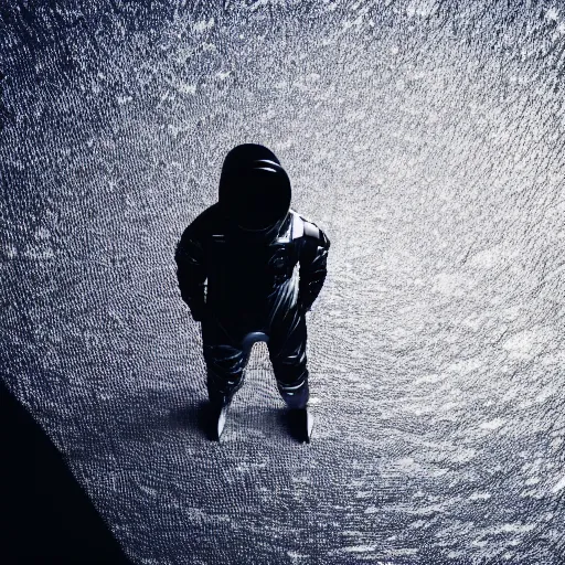 Prompt: mysterious man in silver space suit, walking on a small steel catwalk, floating in the darkness of space, with a black background, photograph, wide angle, long shot