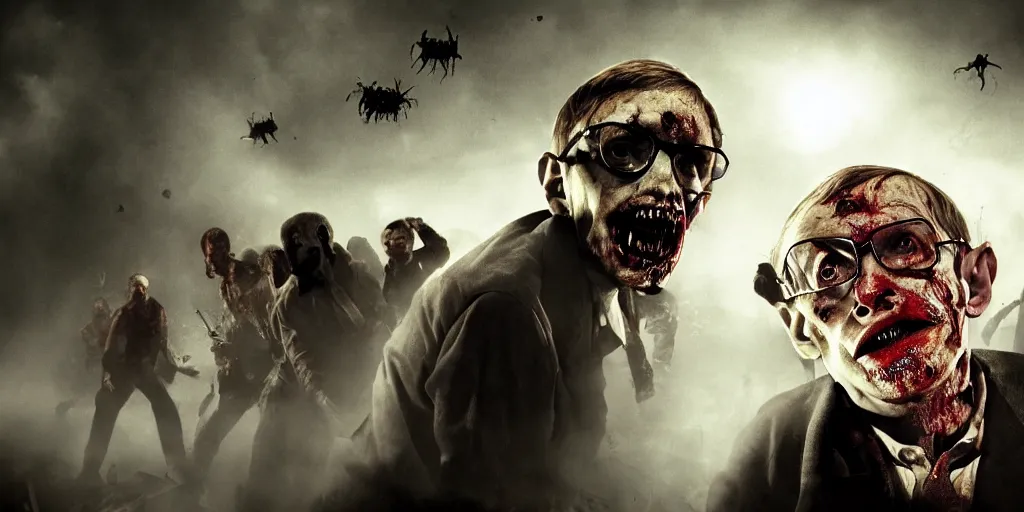 Image similar to a zombie movie where all the zombies are stephen hawking, horror imax cinematic dark night fog