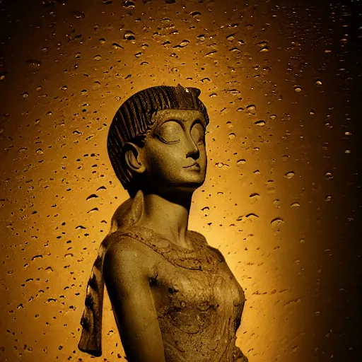 Image similar to sculp of Cleopatra on the rain, faith, full body, low angle, night, surrounded by smoke, shadows, award winning photography