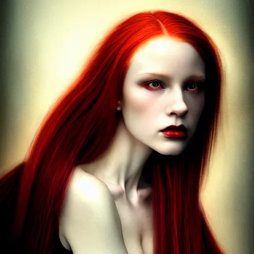 Prompt: majestic gracious regal aristocratic female red haired vampire portrait, aesthetically pleasing, atmospheric lighting, painted, seductive, menacing, intricate, volumetric lighting, beautiful, rich deep colours masterpiece, golden hour, golden ratio, sharp focus, ultra detailed, by leesha hannigan, ross tran, thierry doizon, kai carpenter, ignacio fernandez rios