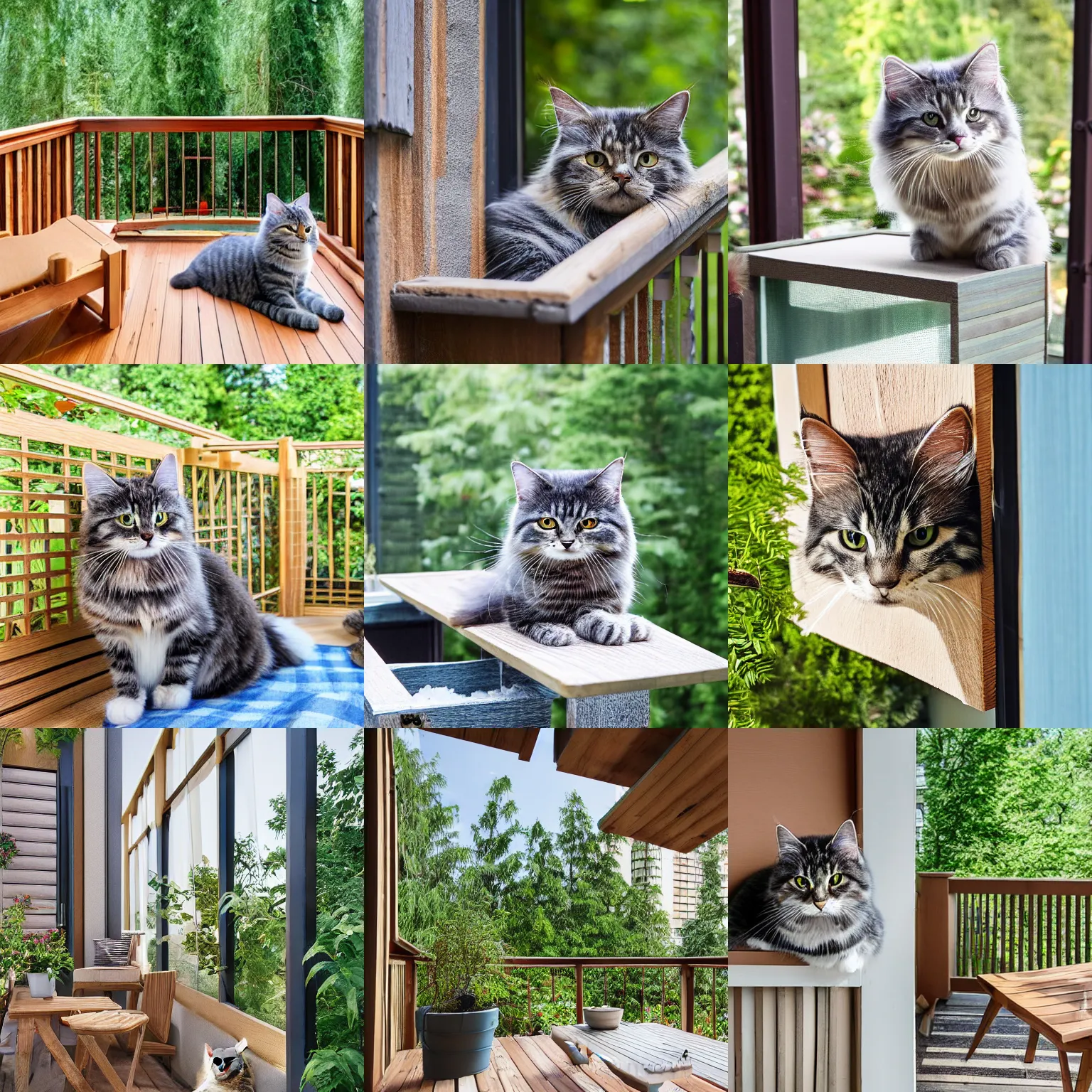 Prompt: catproof balcony situated inside courtyard garden, wooden furniture, scratching post, sunny, 5 th floor, blue siberian forest cat, photography, hyperrealistic, 8 k hd