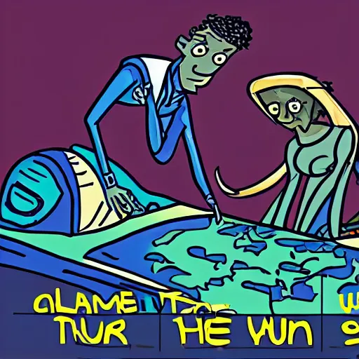 Image similar to Illustration of what the world would be like if we were to make a movie about aliens and their race and they came to Earth and made this cartoon about us.