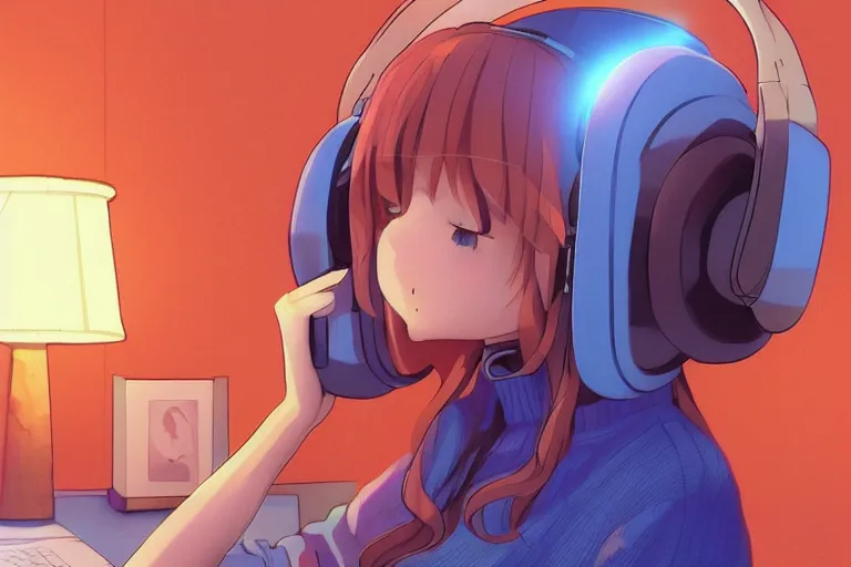 Prompt: lo - fi anime girl, wearing a blue cardigan and red aesthetic lo - fi headphones, studying in a brightly lit room, a lamp hovers above as it illuminates the room, illustrated by juan pablo machado, nighttime!!!!!!, cgsociety contest winner, artstation, golden ratio, dim lighting, studio ghibli!!!, 4 k