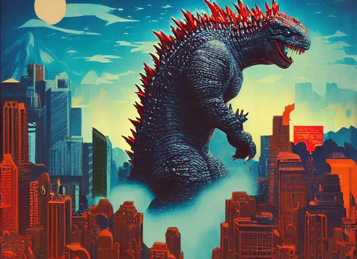 Image similar to godzilla posing for a school picture, religious painting, tristan eaton, victo ngai, artgerm, rhads, ross draws