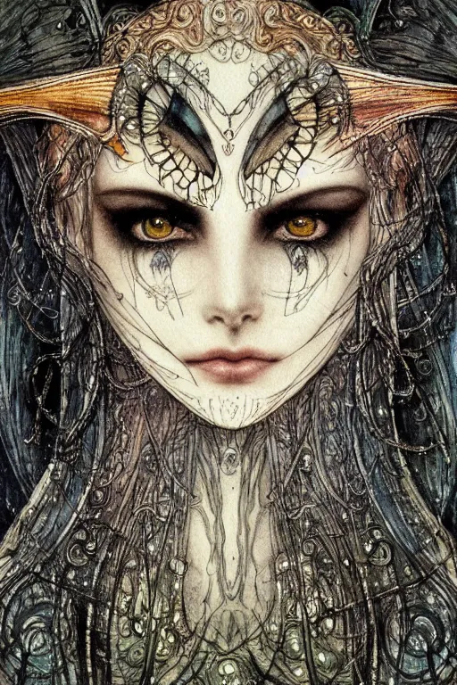 Image similar to dark fairy face closeup surrounded circular frame of insect wings, art by luis royo and walter crane and kay nielsen, watercolor illustration, ultra sharp focus